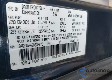 2002 Dodge Caravan Sport from USA, damaged, VIN 1B4GP45342B636073